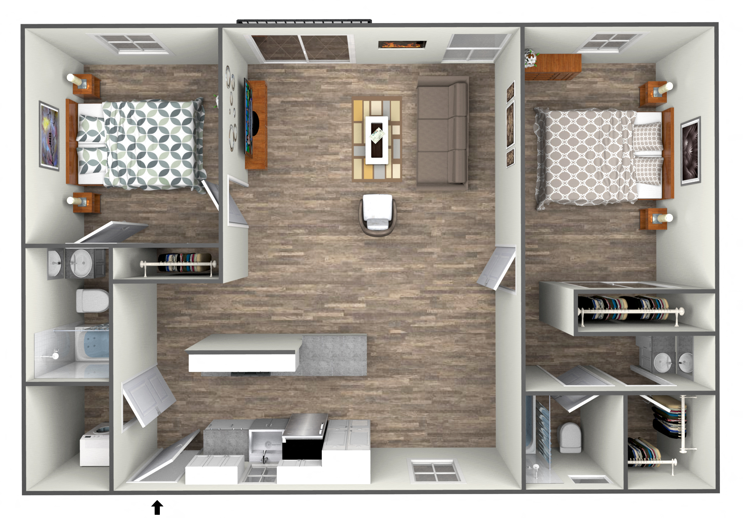 Floor plan for 2 beds, 2 baths, 1130 sqft